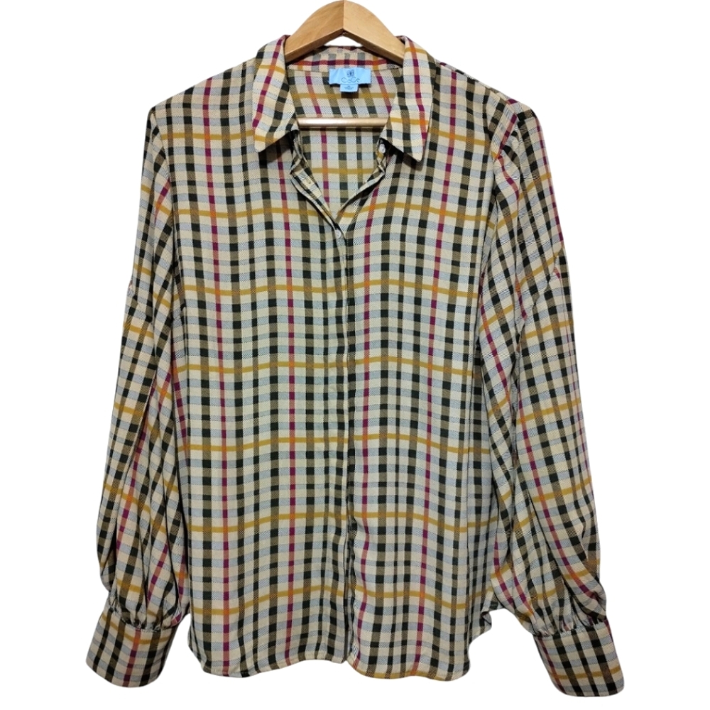 CeCe Women's XL Plaid Long Puff Sleeve Button Front Shirt Blouse